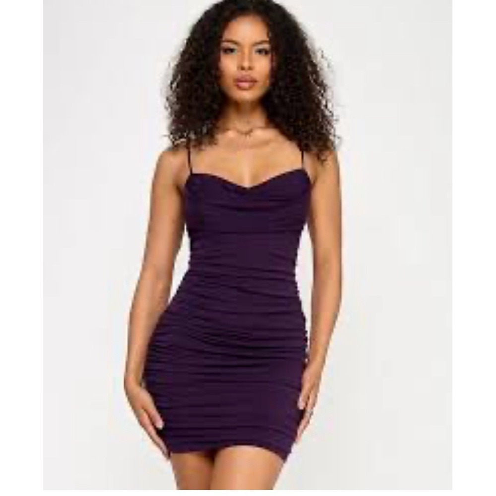 Emerald Sundae Purple Ruched Bodycon Mini Dress Spaghetti Strap Cowl Neck Size S